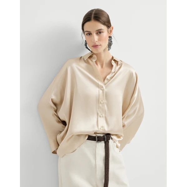 Brunello Cucinelli Stretch silk satin shirt in Sand, view 5