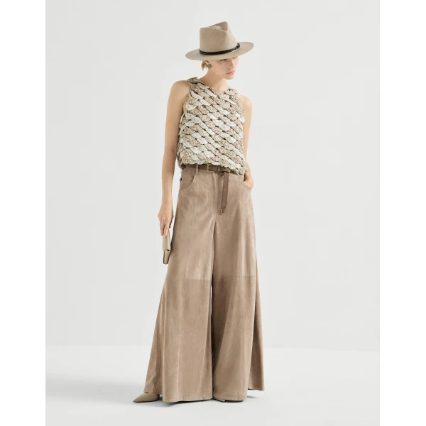 Brunello Cucinelli Suede maxi trousers in Beige, view 6