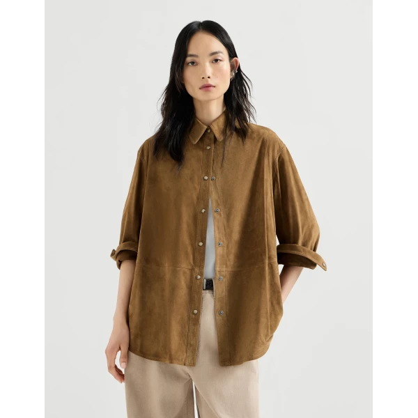 Brunello Cucinelli Suede shirt with monili in Light Brown, view 2