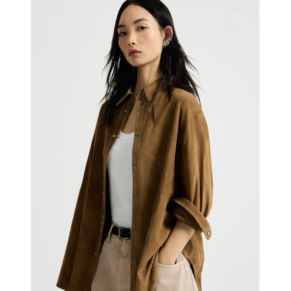 Brunello Cucinelli Suede shirt with monili in Light Brown, view 5