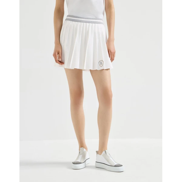 Brunello Cucinelli Techno poplin pleated skirt with logo in White, view 2
