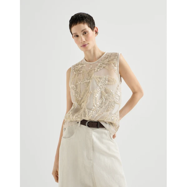 Brunello Cucinelli Top with dazzling seabed embroidery in Beige, view 2