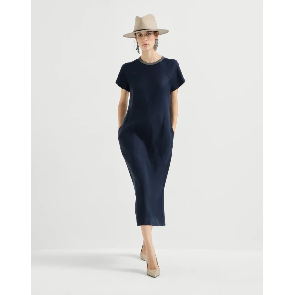Brunello Cucinelli Twill dress with monili in Blue, view 5