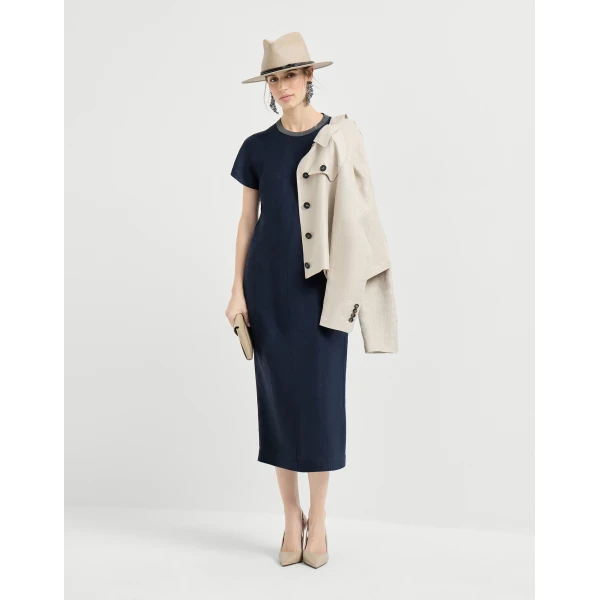 Brunello Cucinelli Twill dress with monili in Blue, view 6
