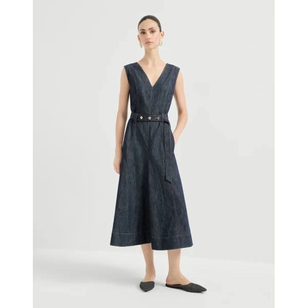 Brunello Cucinelli Twill flared dress in Denim, view 2