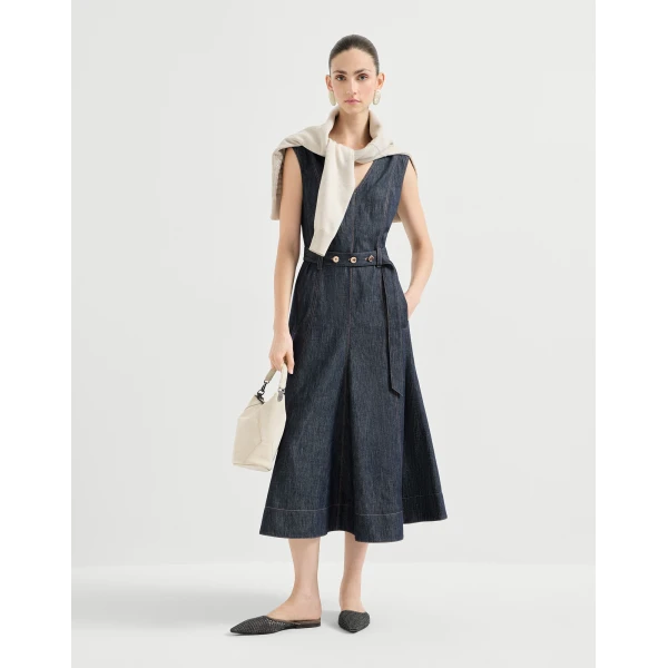 Brunello Cucinelli Twill flared dress in Denim, view 6
