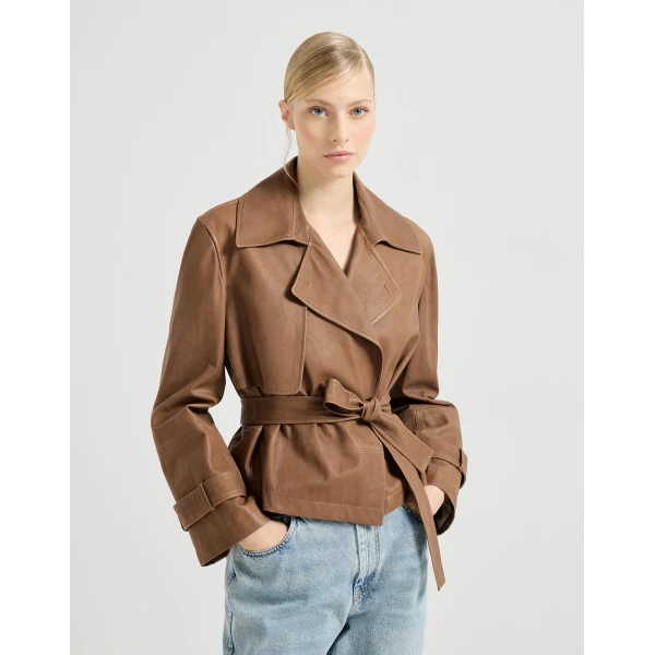 Brunello Cucinelli Vintage nappa Crop trenchcoat in Brown Coat, view 2
