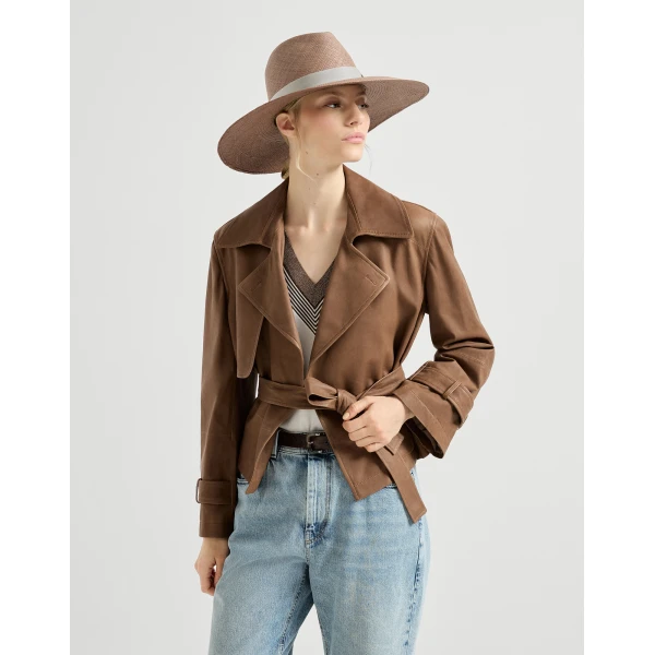 Brunello Cucinelli Vintage nappa Crop trenchcoat in Brown Coat, view 5