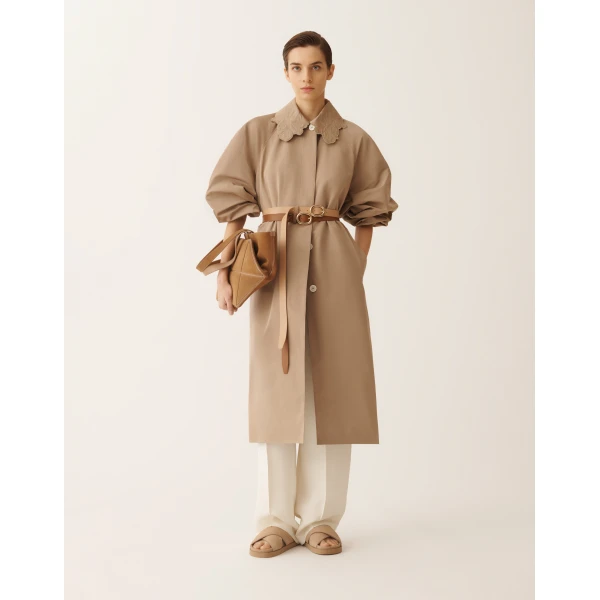 Fabiana Filippi Long Trench Coat in Ottoman, Mud, view 2