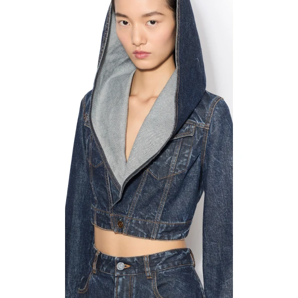 Alaïa Cropped Hooded Denim Jacket - ALAÏA Jackets - Laser Cut Luxury - Shop at Luxury Shoes 