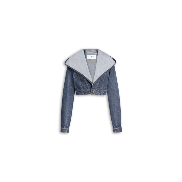Alaïa Cropped Hooded Denim Jacket - ALAÏA Jackets - Laser Cut Luxury - Shop at Luxury Shoes 