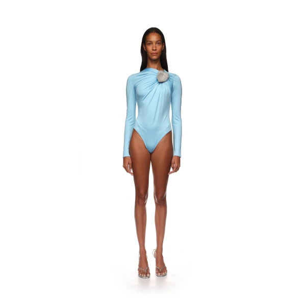 David Koma Crystal Leaf And Ruched Detail Bodysuit, view 3