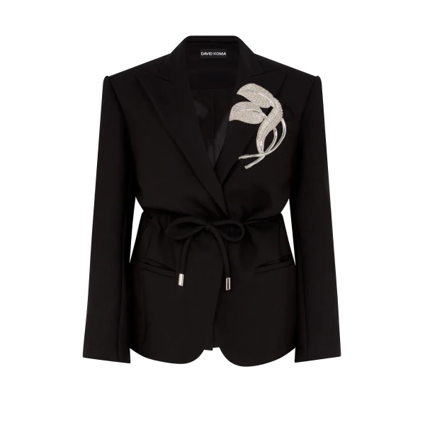 David Koma Crystal Leaf Tie Waist Jacket In Black, view 2