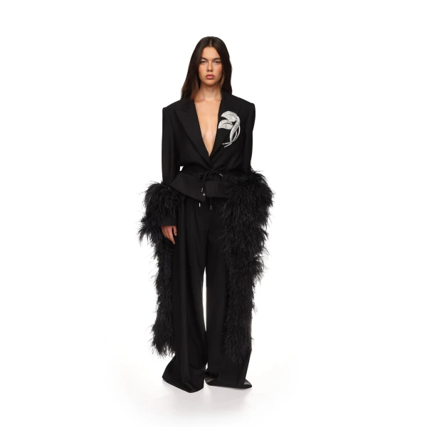David Koma Crystal Leaf Tie Waist Jacket In Black, view 3