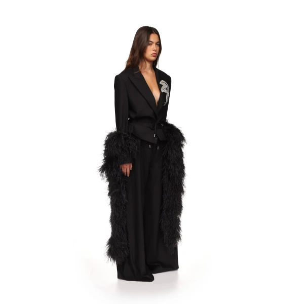 David Koma Crystal Leaf Tie Waist Jacket In Black, view 5
