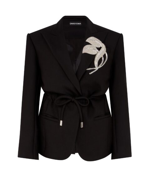 David Koma Crystal Leaf Tie Waist Jacket In Black