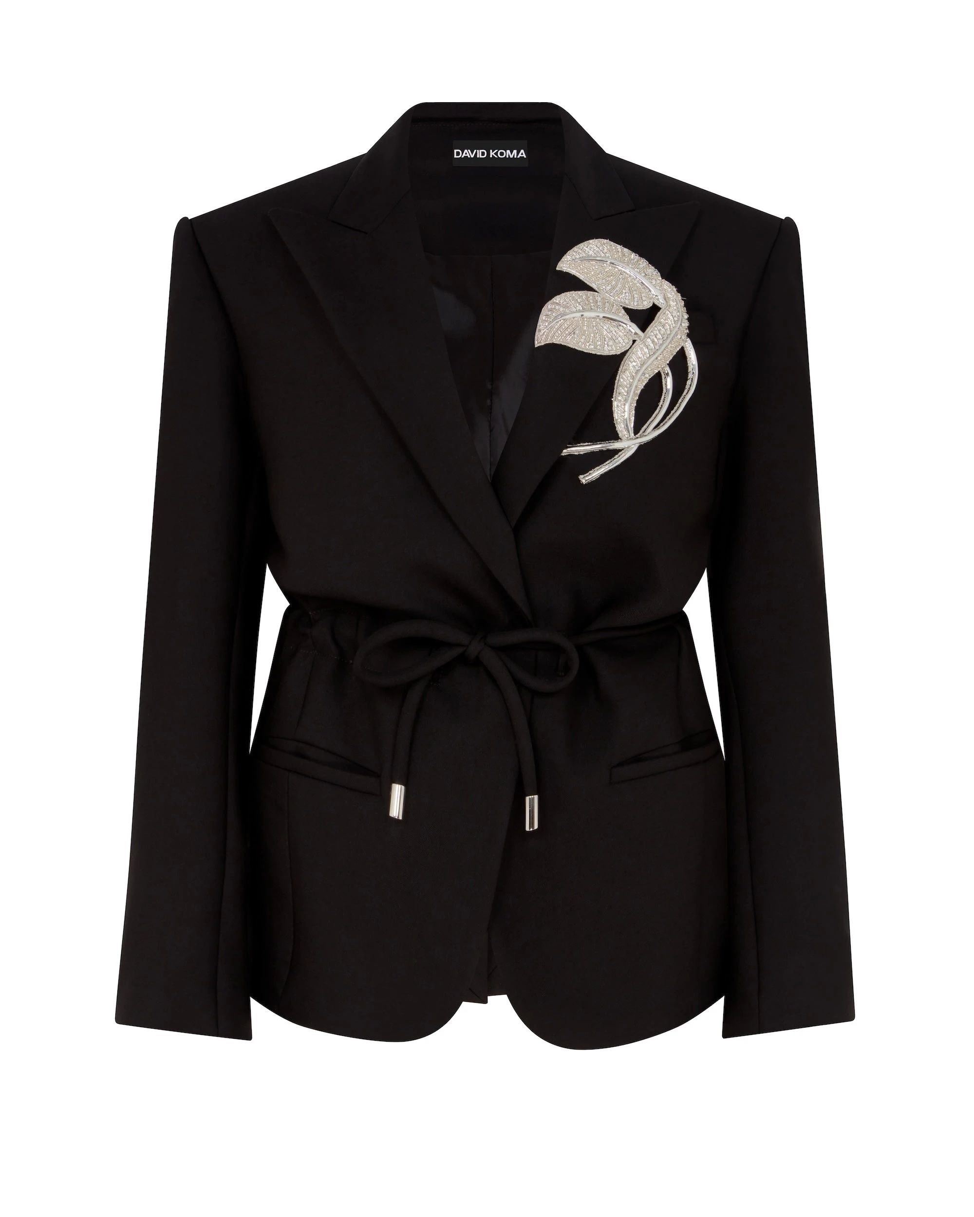 David Koma Crystal Leaf Tie Waist Jacket In Black David Koma Crystal Leaf Tie Waist Jacket In Black