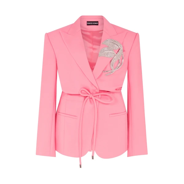 David Koma Crystal Leaf Tie Waist Jacket In Pink, view 2