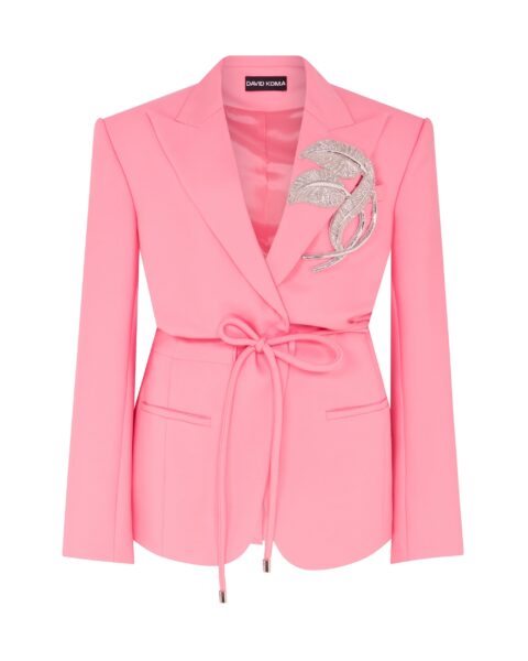David Koma Crystal Leaf Tie Waist Jacket In Pink