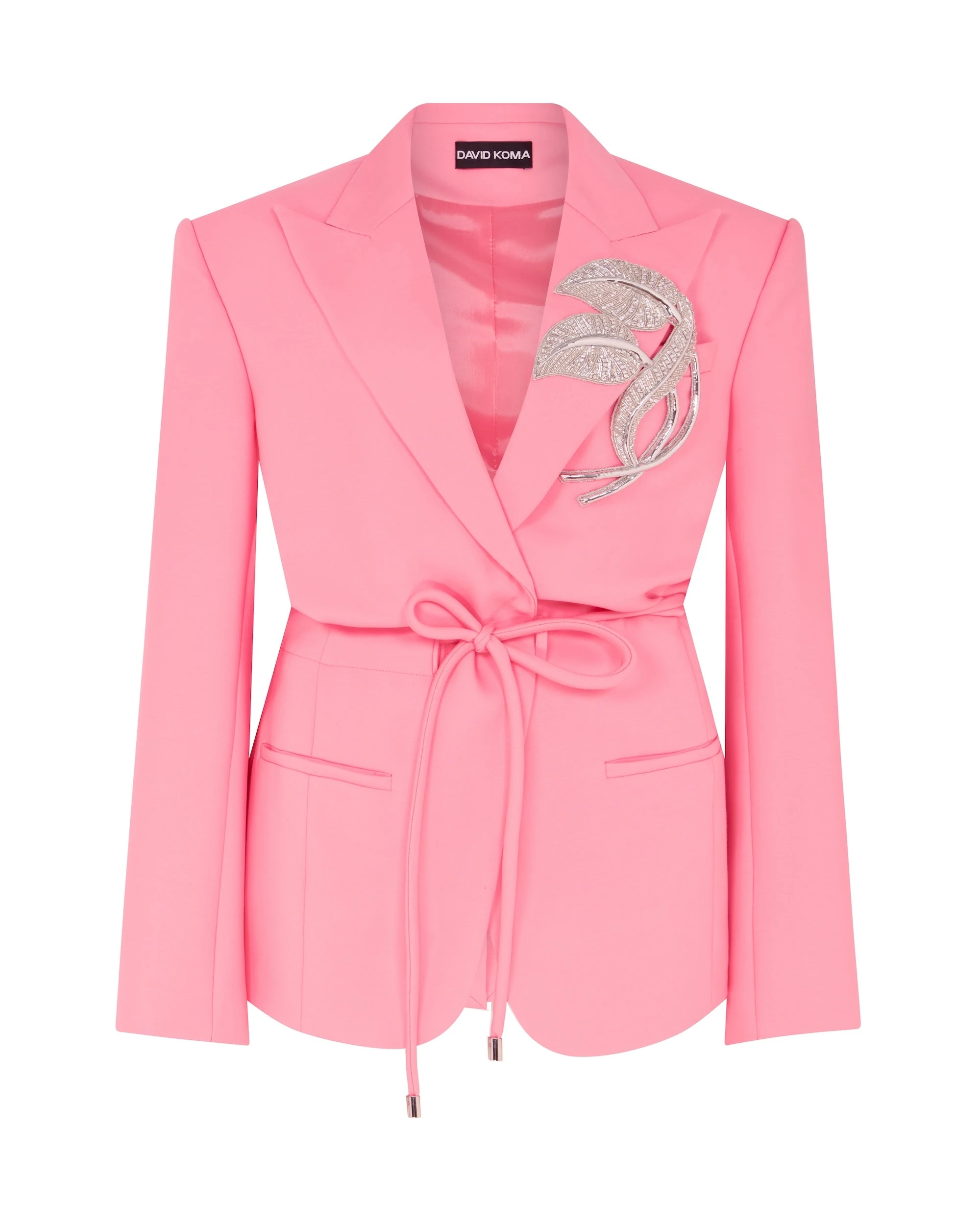 David Koma Crystal Leaf Tie Waist Jacket In Pink