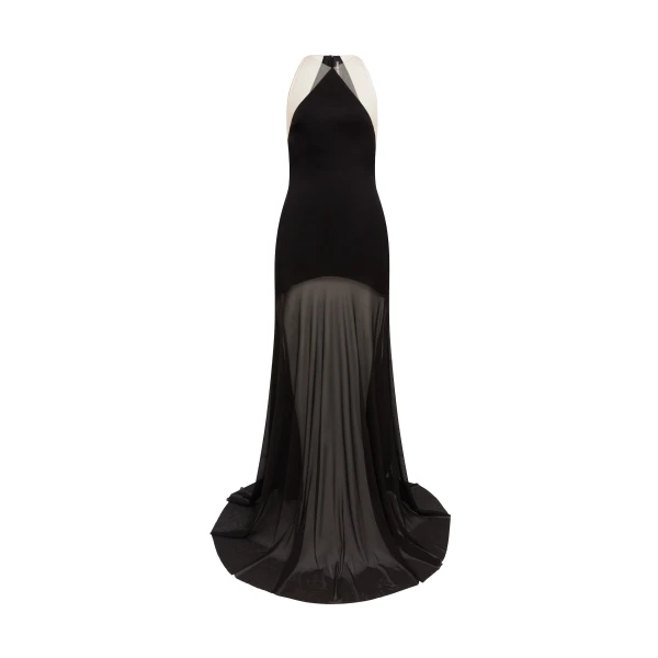 David Koma Satin Halterneck Gown With Mesh Skirt Black, view 2