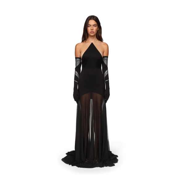 David Koma Satin Halterneck Gown With Mesh Skirt Black, view 3
