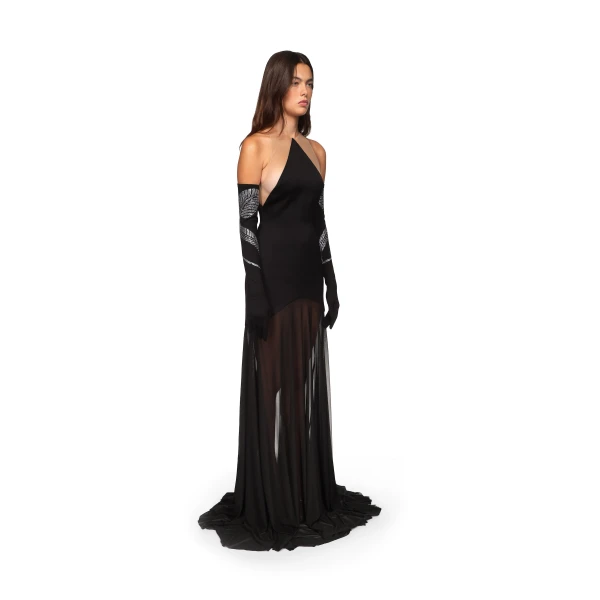 David Koma Satin Halterneck Gown With Mesh Skirt Black, view 5