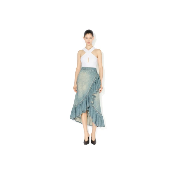 Alaia Denim Ruffle Skirt, view 2