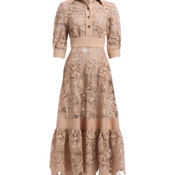 Elie Saab Macramé & Drill Midi Dress