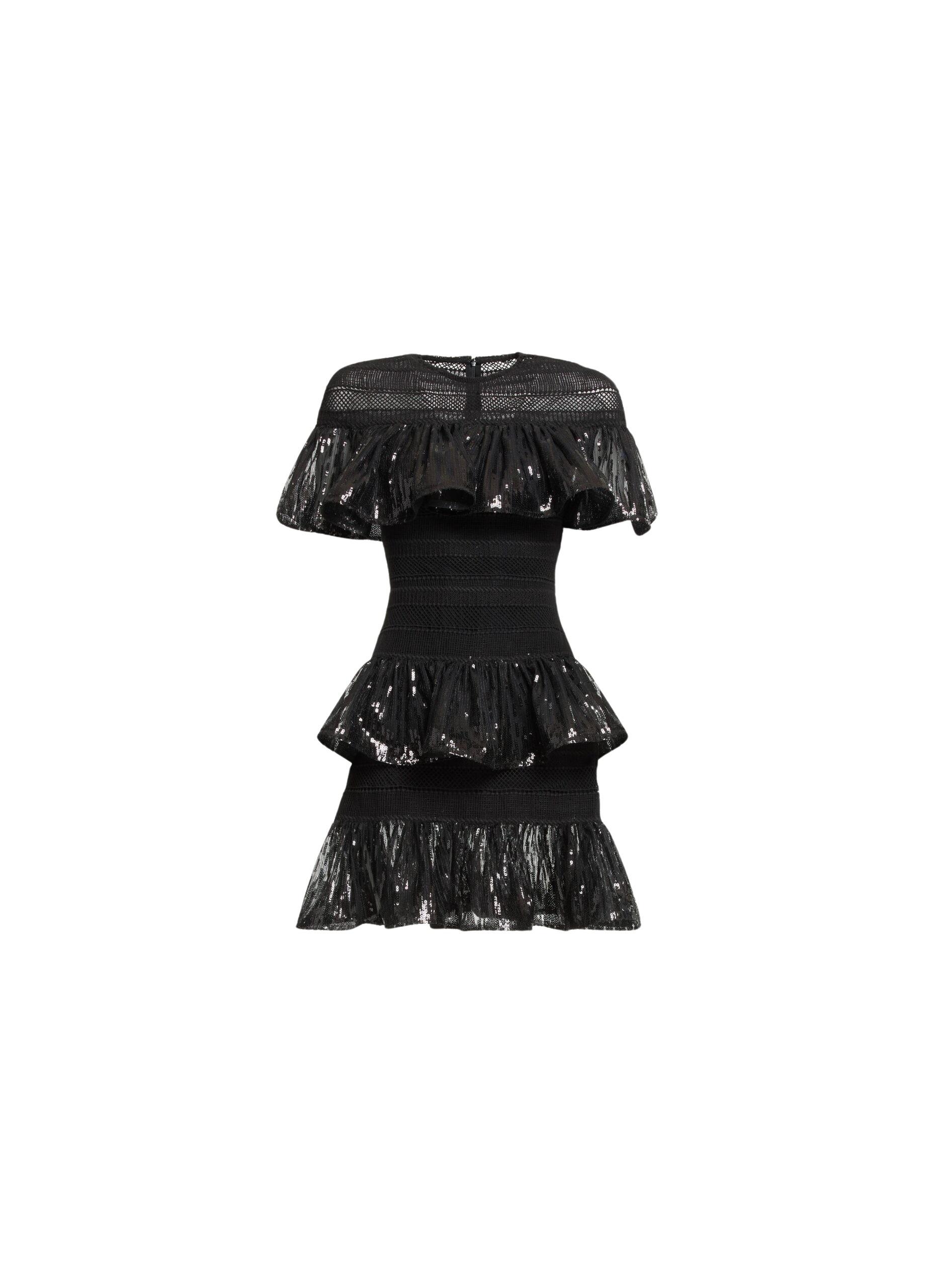 Elie Saab Macramé and Sequin Ruffled Dress in Black featuring  – Luxury Designer Fashion at Luxury Shoes .