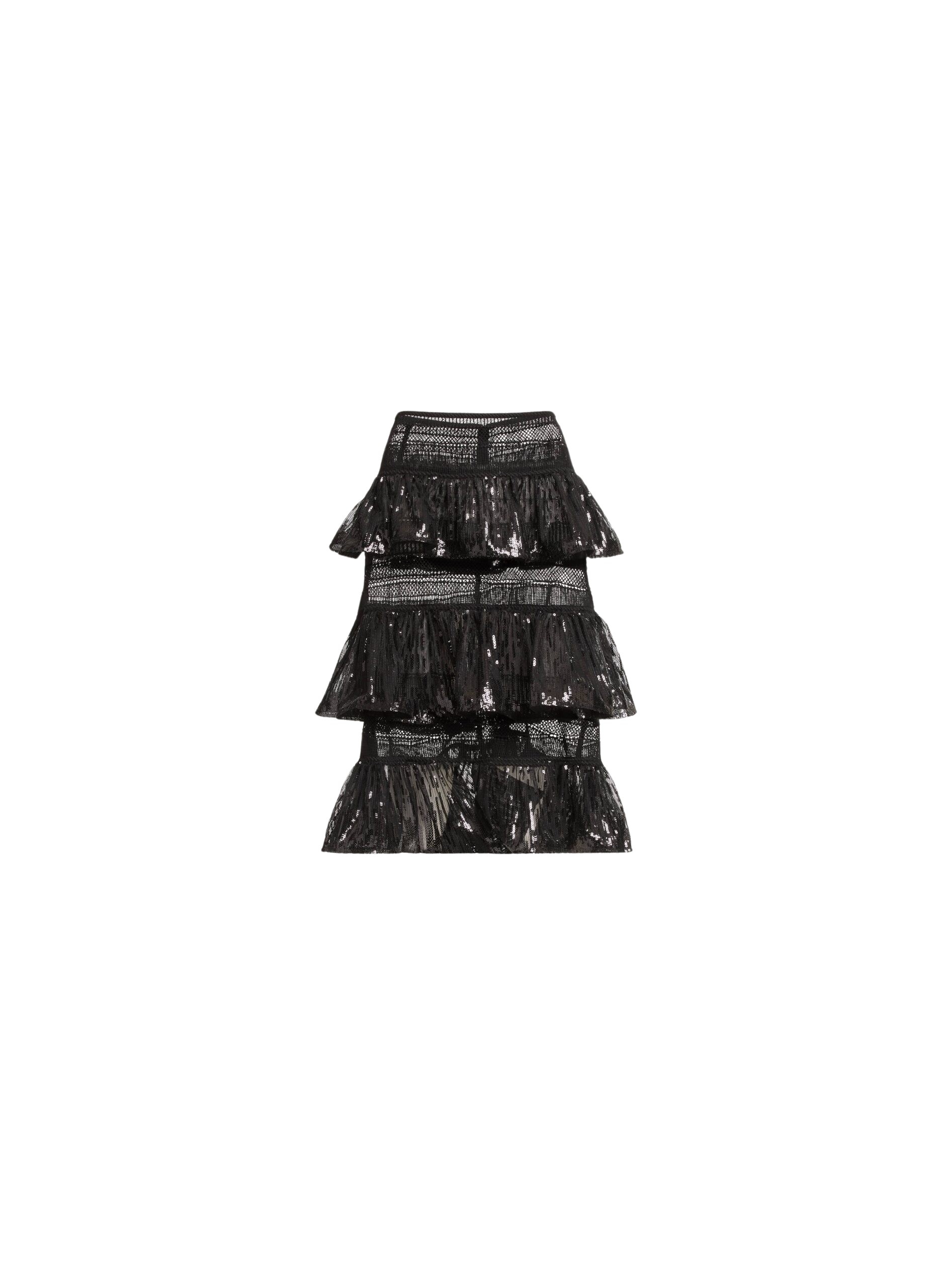 Elie Saab Macramé and Sequin Ruffled Skirt in Black featuring  – Luxury Designer Fashion at Luxury Shoes .