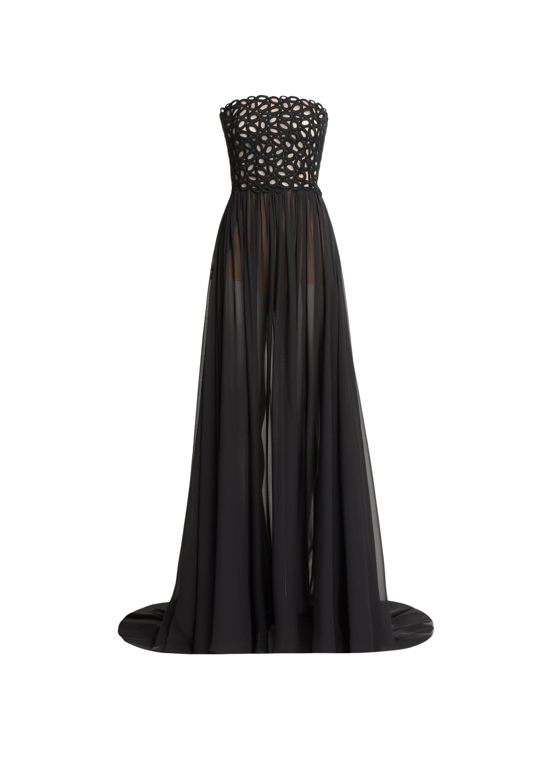 Elie Saab Macramé and Silk Long Dress in Black featuring  – Luxury Designer Fashion at Luxury Shoes .