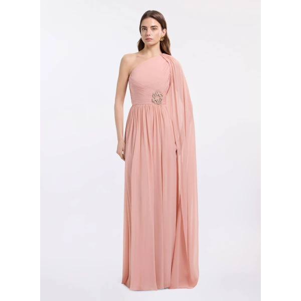 Elie Saab One-Shoulder Silk Long Dress, view 2