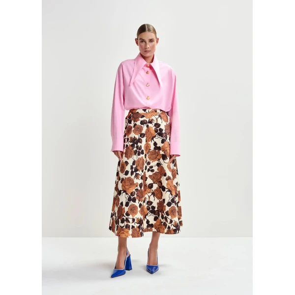 Essentiel Antwerp Beige and brown a-line floral skirt, view 2