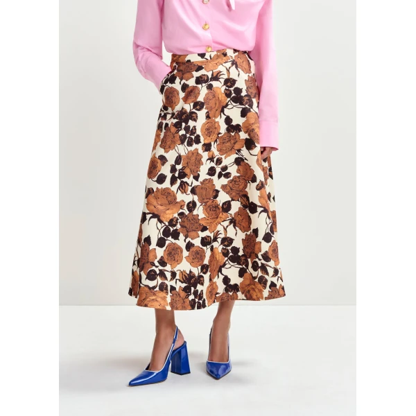 Essentiel Antwerp Beige and brown a-line floral skirt, view 3