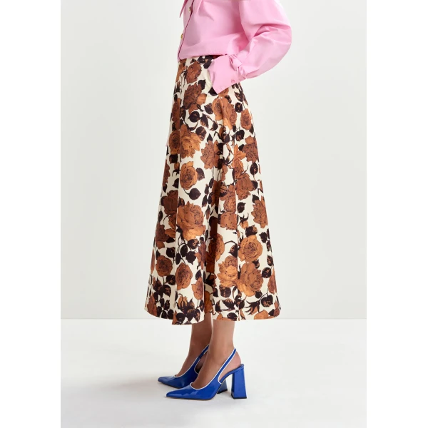 Essentiel Antwerp Beige and brown a-line floral skirt, view 4