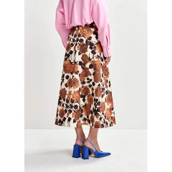 Essentiel Antwerp Beige and brown a-line floral skirt, view 5