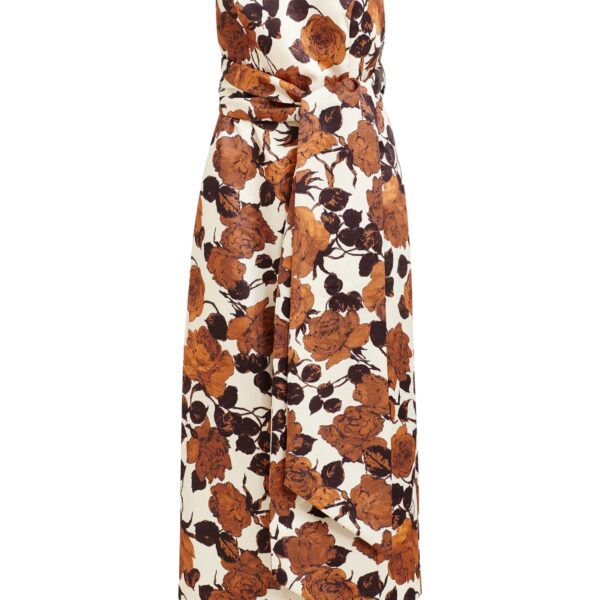 Beige and brown strapless midi dress with wrap-belt