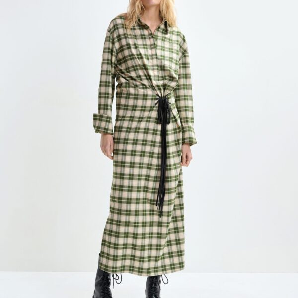 Essentiel Antwerp Beige and green checked oversized maxi dress with rhinestone-embellished collar, view 2