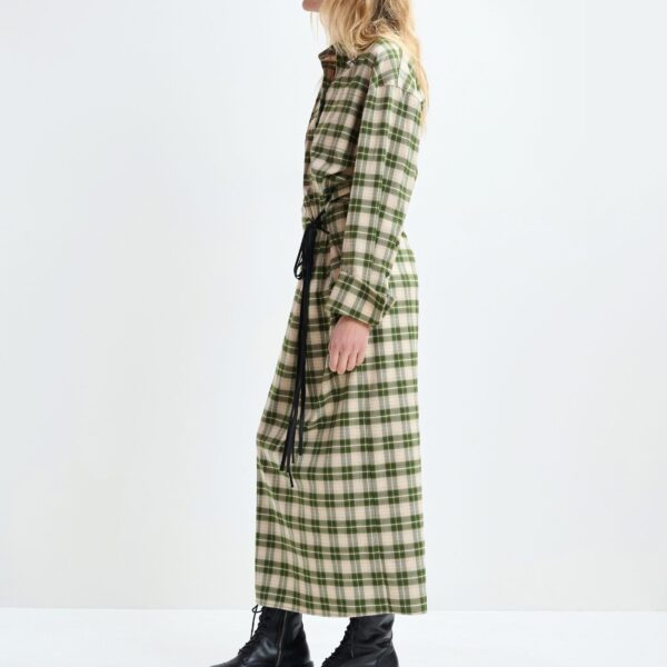 Essentiel Antwerp Beige and green checked oversized maxi dress with rhinestone-embellished collar, view 3