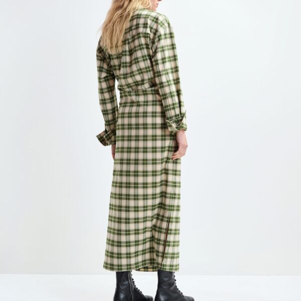 Essentiel Antwerp Beige and green checked oversized maxi dress with rhinestone-embellished collar, view 4