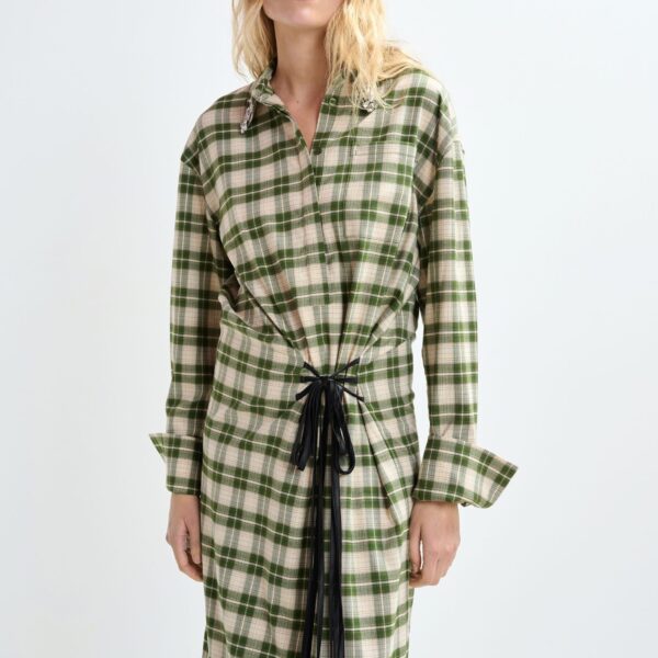 Essentiel Antwerp Beige and green checked oversized maxi dress with rhinestone-embellished collar, view 5