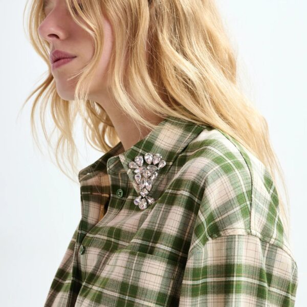 Essentiel Antwerp Beige and green checked oversized maxi dress with rhinestone-embellished collar, view 6