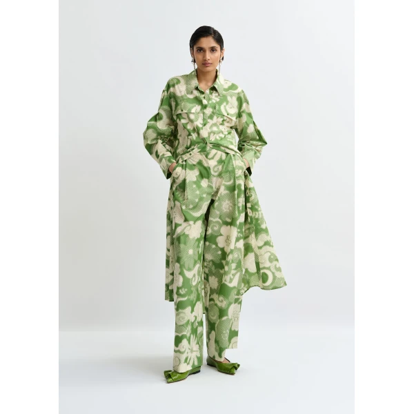 Essentiel Antwerp Beige and green pleated wide-leg printed pants, view 2