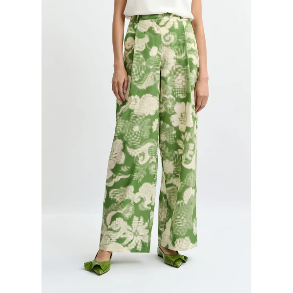 Essentiel Antwerp Beige and green pleated wide-leg printed pants, view 3