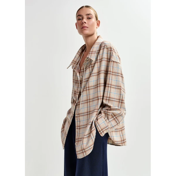 Essentiel Antwerp Beige, orange and blue oversized plaid shirt with rhinestone chain, view 2