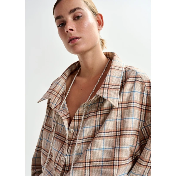 Essentiel Antwerp Beige, orange and blue oversized plaid shirt with rhinestone chain, view 3