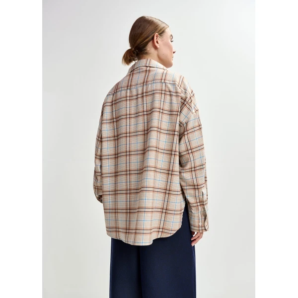 Essentiel Antwerp Beige, orange and blue oversized plaid shirt with rhinestone chain, view 4