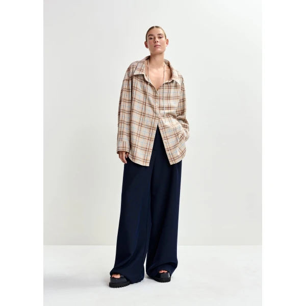 Essentiel Antwerp Beige, orange and blue oversized plaid shirt with rhinestone chain, view 5