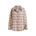 Essentiel Antwerp Beige, orange and blue oversized plaid shirt with rhinestone chain